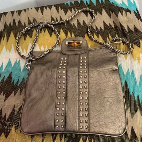 CACHE Gold Studded Fold-over Crossbody bag with Bamboo Closure EUC - Picture 3 of 4
